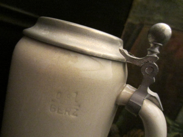 Gerz West Germany Schweiz Pewter Lid Ceramic Stein - Designer Unique Finds 