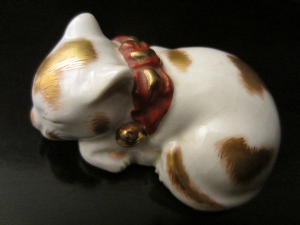 Japanese Ceramic Cat Signed Gold Decorated Red Accent Miniature Art - Designer Unique Finds 