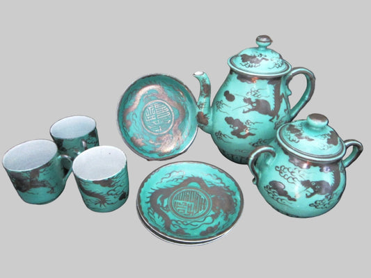 Brief Tea Set Turquoise Silver Dragon Attributed To Kanji Japan Porcelain - Designer Unique Finds 
 - 1