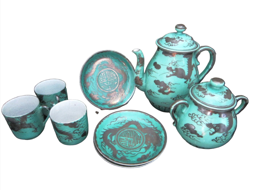 Brief Tea Set Turquoise Silver Dragon Attributed To Kanji Japan Porcelain - Designer Unique Finds 
 - 1