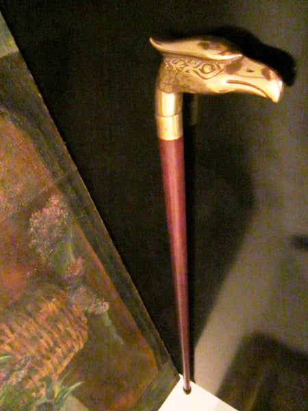Bald Eagle Brass Head Handle Cane Mid Century Walking Wood Stick - Designer Unique Finds 