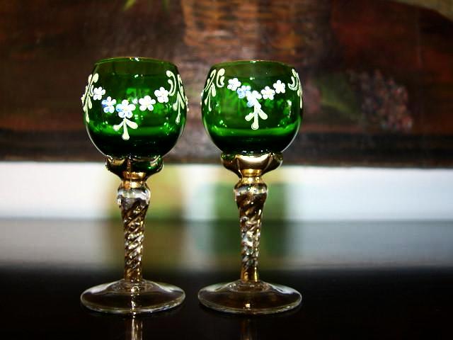 Cordial Green Hand Decorated Stemmed Glass Painted Gold White Flowers - Designer Unique Finds 
 - 1