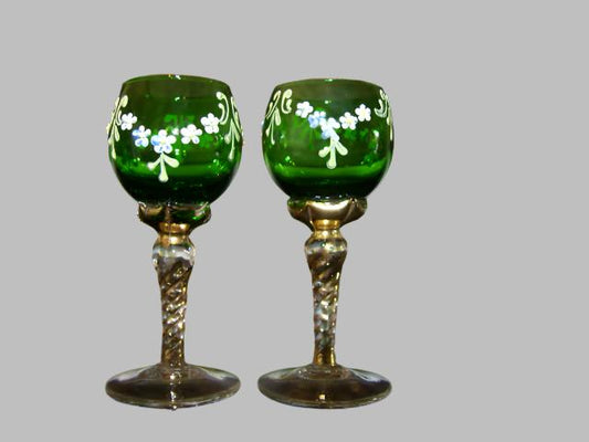 Two Hand Decorated Cordial Green Gold Stemmed Glass