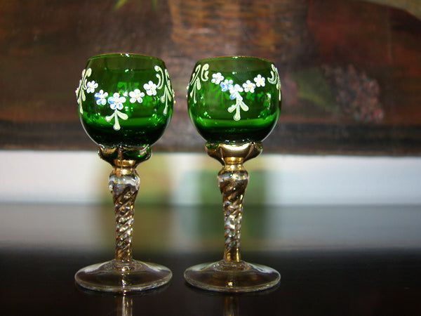 Hand Decorated Enameled Floral Cordial Green Glass Stemware