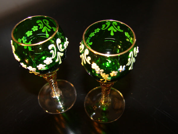 Hand Decorated Enameled Floral Cordial Green Glass Stemware