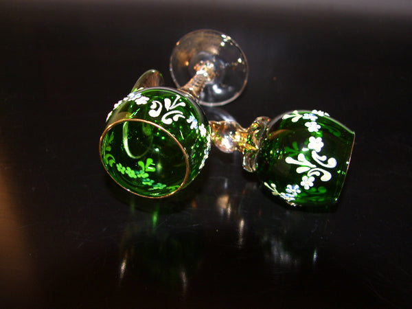 Hand Decorated Enameled Floral Cordial Green Glass Stemware