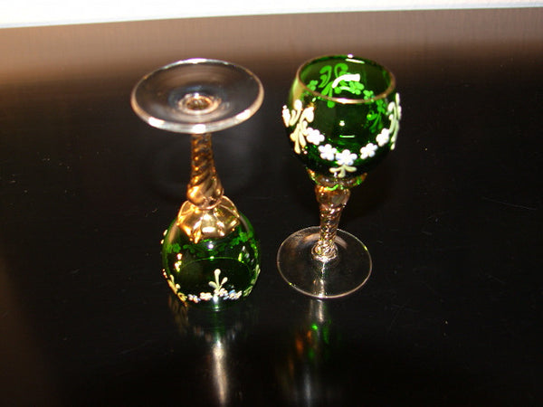 Cordial Green Hand Decorated Stemmed Glass Painted Gold White Flowers - Designer Unique Finds 
 - 4