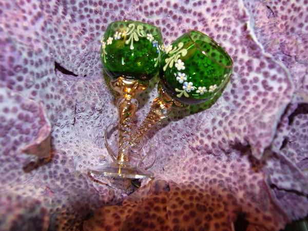Hand Decorated Enameled Floral Cordial Green Glass Stemware
