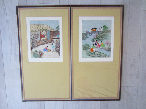 Oriental Needlepoint Tapestry Folding Screen Panels Outdoor Scene - Designer Unique Finds 