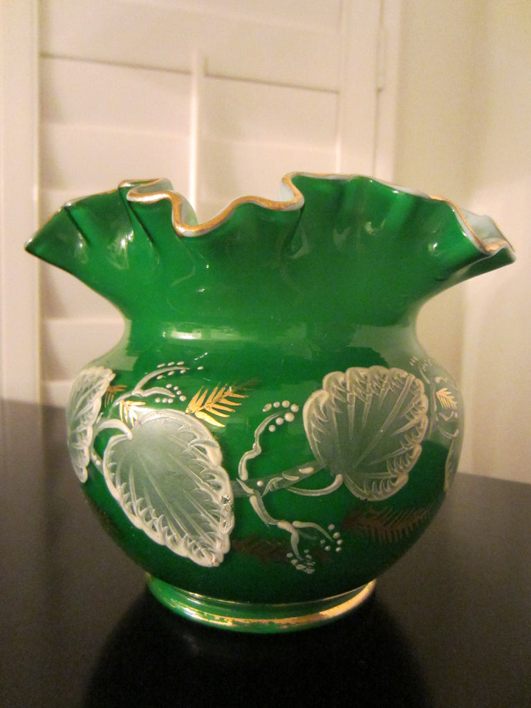 Charleton Glass Vase Hand Decorated Gilt Ivy Emerald Green - Designer Unique Finds 
