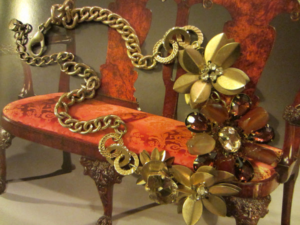 Statement Flower Necklace Choker Decorated Rhinestones Beads - Designer Unique Finds 