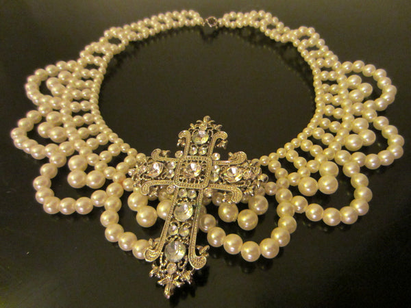 Folk Art White Pearls Beaded Bib Necklace Mid Century Added Statement - Designer Unique Finds 