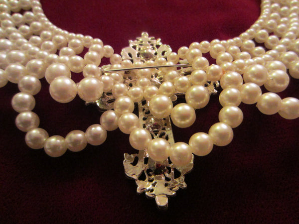 Folk Art White Pearls Beaded Bib Necklace Mid Century Added Statement - Designer Unique Finds 