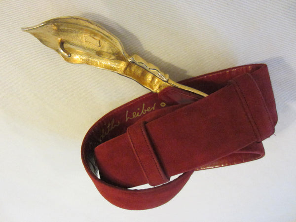 Judith Leiber For Bonwit Teller Red Leather Golden Bow Suede Belt - Designer Unique Finds 
