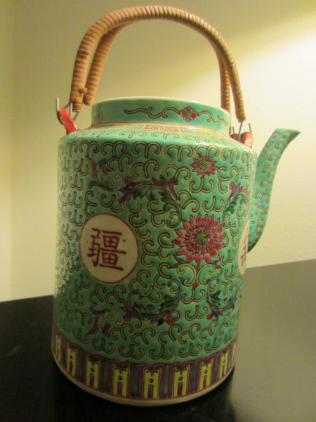Turquoise Porcelain Teapot Majolica Floral Republic of China - Designer Unique Finds 
 - 2