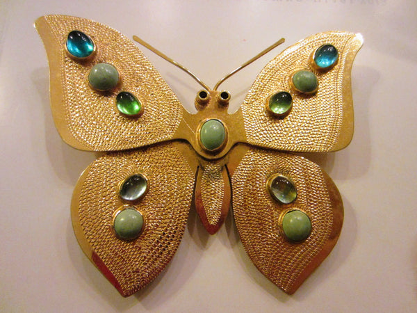 KJL Butterfly Golden Dress Clip Aqua Glass Gems Turquoise Cabochons