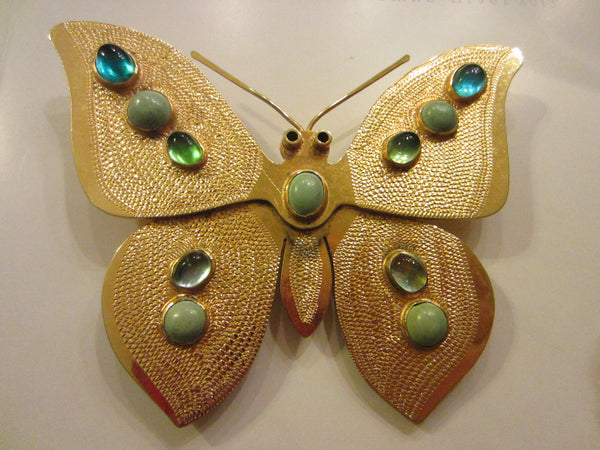 KJL Butterfly Dress Clip Brass Aqua Turquoise Cabochons Signed - Designer Unique Finds 
 - 2
