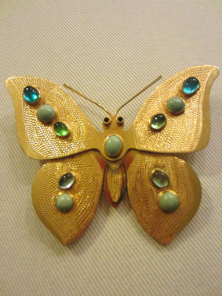 KJL Butterfly Golden Dress Clip Aqua Glass Turquoise Cabochons - Designer Unique Finds 
