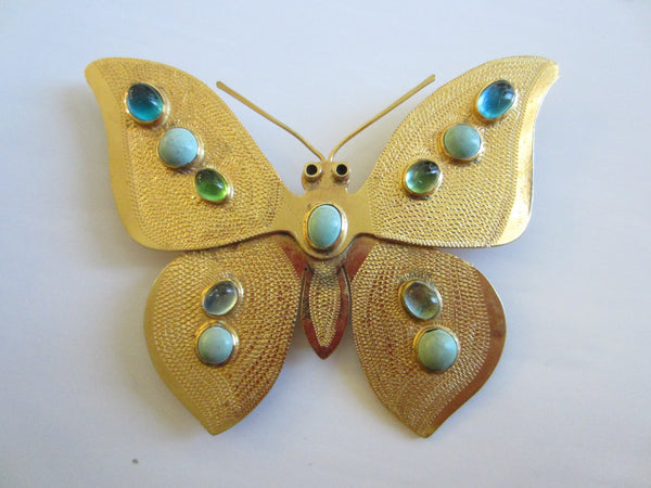 KJL Butterfly Dress Clip Brass Aqua Turquoise Cabochons Signed - Designer Unique Finds 
 - 1