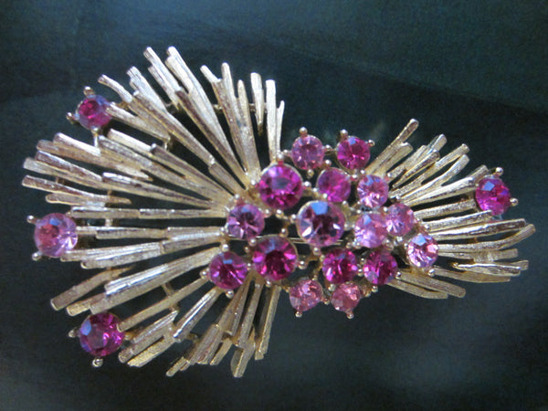 Lisner Golden Brooch Pink Crystals Floral Design - Designer Unique Finds 