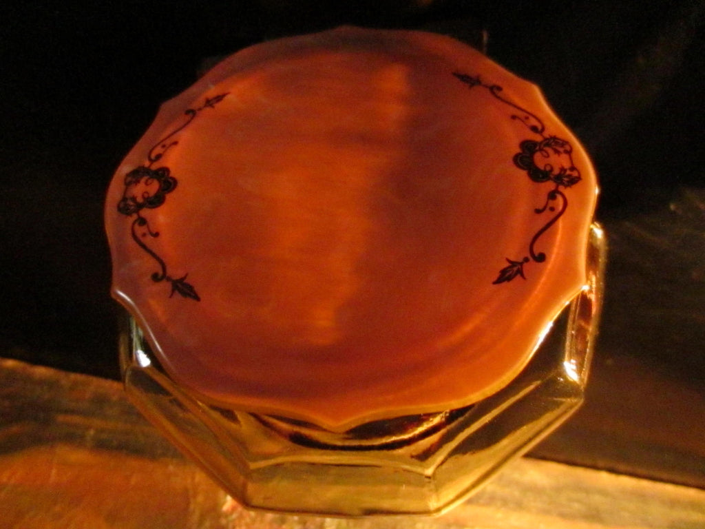 Bakelite Amber Glass Powder Jar Flowers Gilt Decoration - Designer Unique Finds 
