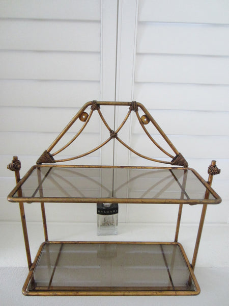 Regency Bronze Floor Wall Glass Shelf Tiered Footed Scrolled Tassel Finial - Designer Unique Finds 
 - 7