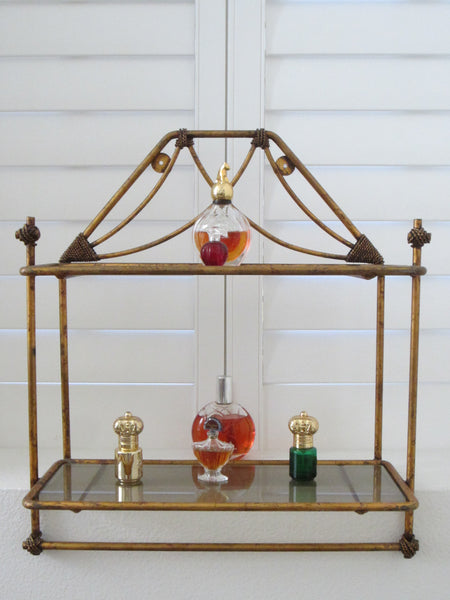 Regency Bronze Floor Wall Glass Shelf Tiered Footed Scrolled Tassel Finial - Designer Unique Finds 
 - 4