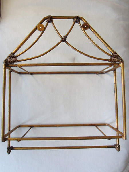 Bronze Tole Wall Display Vanity Shelf Scrolled Finial Smokey Glass Double Tiered - Designer Unique Finds 