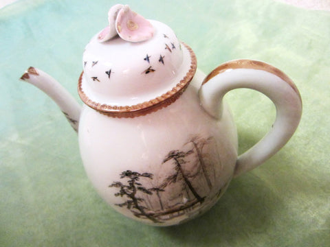 Antique Japanese Porcelain Teapot Flower Finial Flying Birds - Designer Unique Finds 
 - 1