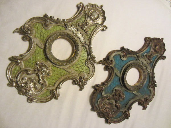 Ornamental Baroque Style Silver Gilt Crest Blue Green Frames - Designer Unique Finds 