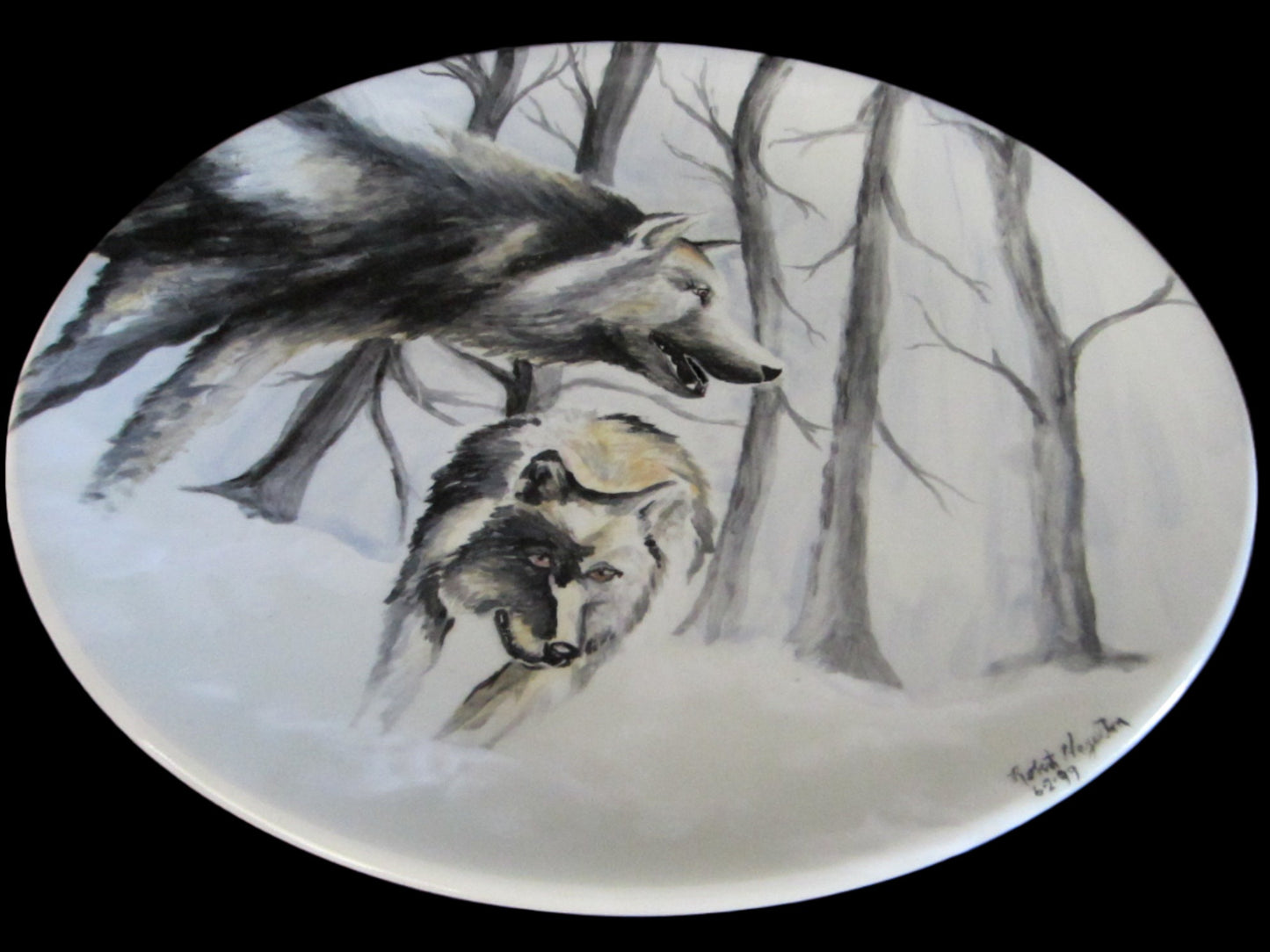 Robert Hazelton Winter Wolves Signed Modern Porcelain Charger - Designer Unique Finds 