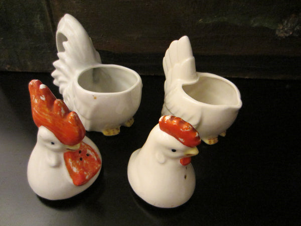 Japan Ceramic Quartet Rooster And Hen Salt Pepper Creamer Sugar - Designer Unique Finds 