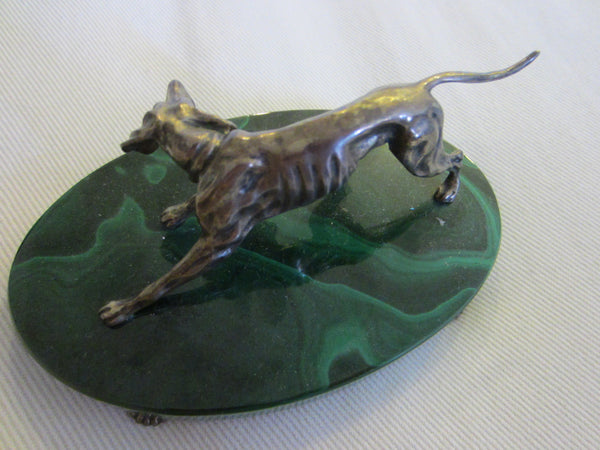 Sterling Hound Dog On Oval Green Malachite Footed Stand
