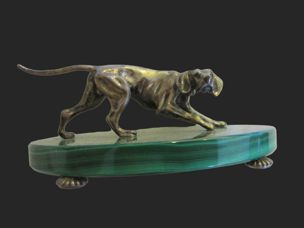 Sterling Hound Dog On Oval Green Malachite Footed Stand