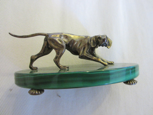 Sterling Hound Dog On Green Oval Malachite Footed Stand