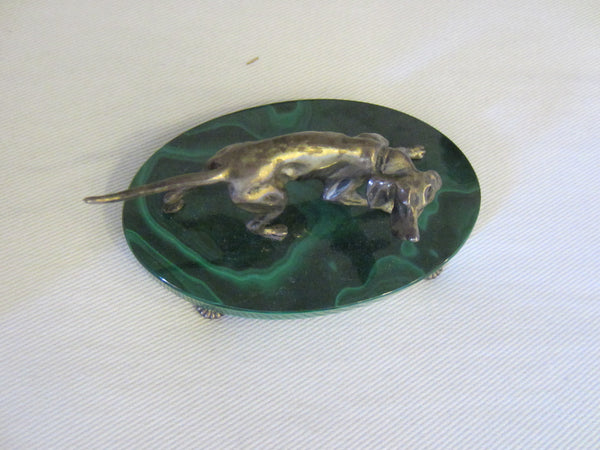 Sterling Hound Dog On Oval Green Malachite Footed Stand