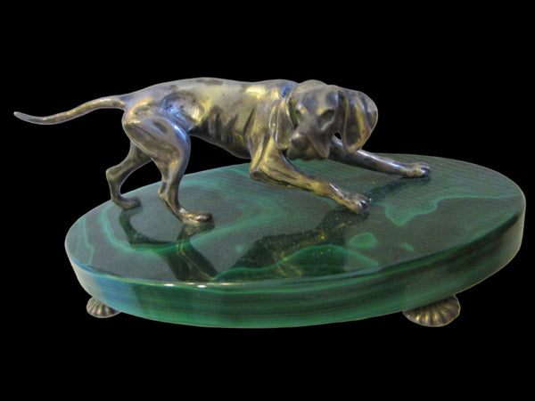 Silver Hound Dog Green Oval Malachite Stand Footed Sterling Marks 925