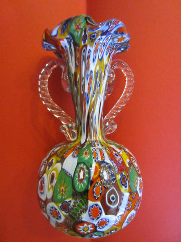 Venice Italian Millefiori Glass Trumpet Vase Clear Handles - Designer Unique Finds 