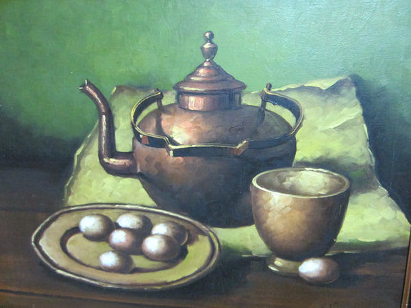 W Kance Still Life Urbanism Oil On Canvas Eggs Copper Teapot Signed - Designer Unique Finds 