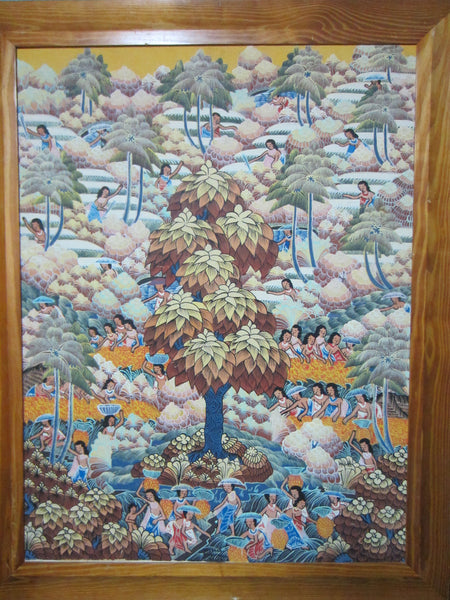 Impressionist Sayan Bali Paradise Feast Signed Indonesian Painting On Panel - Designer Unique Finds 