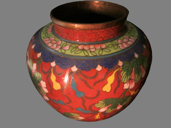 Cloisonne Vase Coral Over Brass Floral Enameling Urn - Designer Unique Finds 