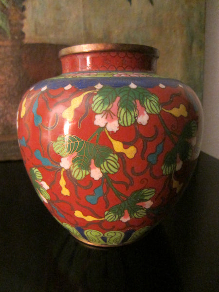 Cloisonne Vase Coral Over Brass Floral Enameling Urn - Designer Unique Finds 