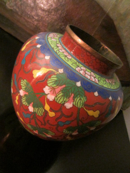 Cloisonne Vase Coral Over Brass Floral Enameling Urn - Designer Unique Finds 