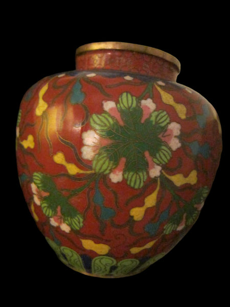 Cloisonne Vase Coral Over Brass Floral Enameling Urn - Designer Unique Finds 