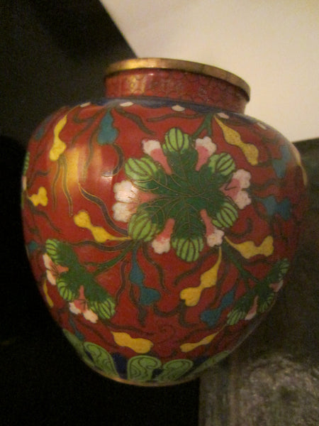 Cloisonne Vase Coral Over Brass Floral Enameling Urn - Designer Unique Finds 