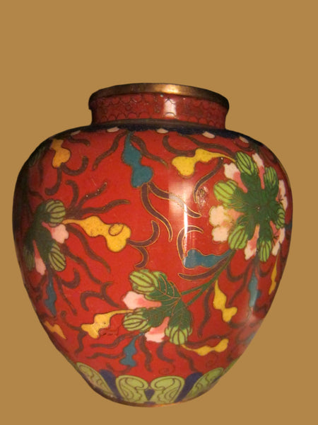 Cloisonne Vase Coral Over Brass Floral Enameling Urn - Designer Unique Finds 