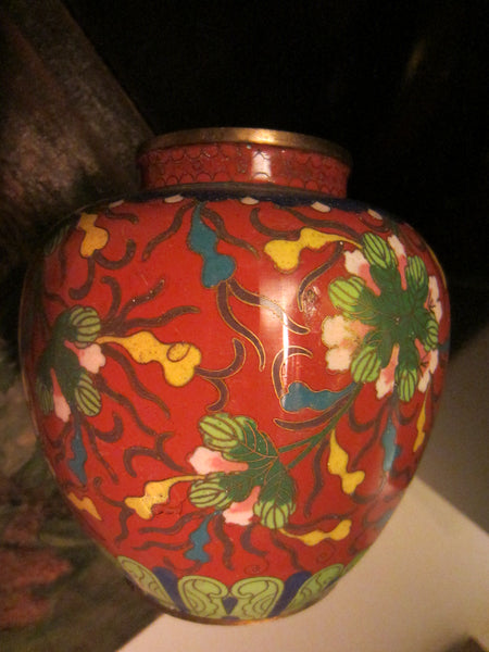 Cloisonne Vase Coral Over Brass Floral Enameling Urn - Designer Unique Finds 