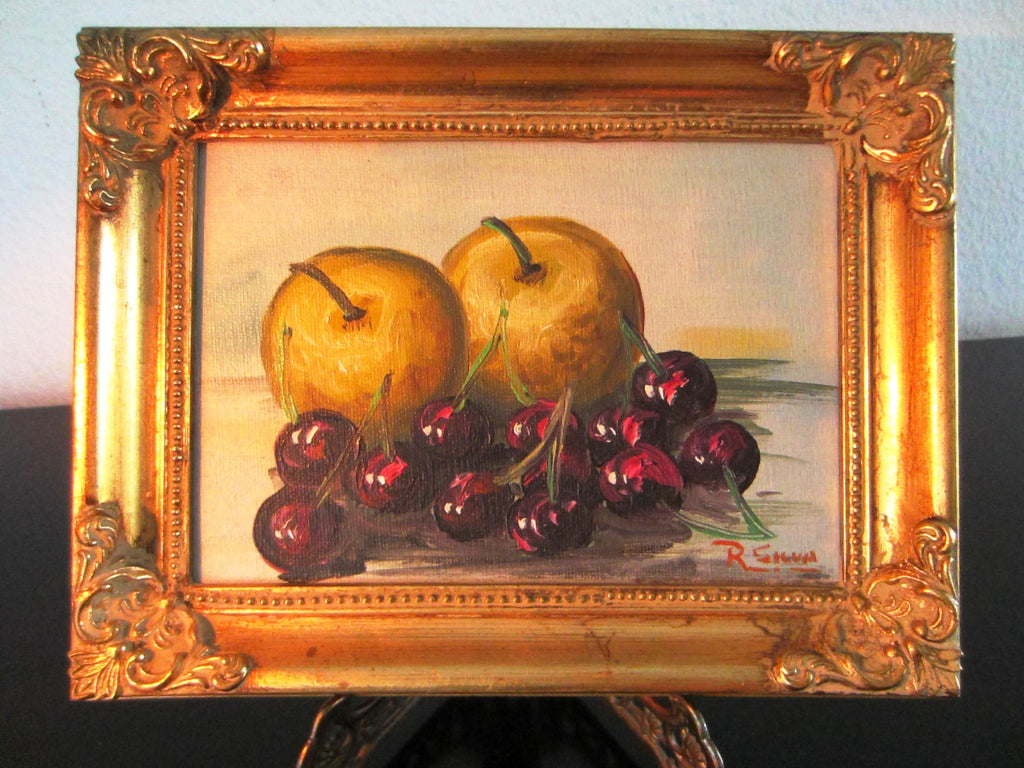 R Silva Still Life Apples And Cherries Signed Oil On Canvas Board - Designer Unique Finds 