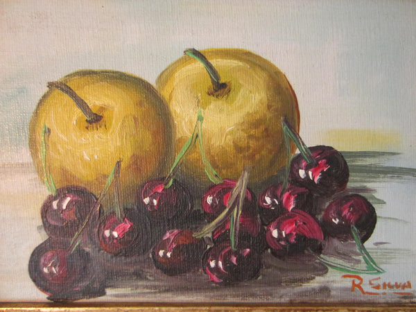 R Silva Still Life Apples And Cherries Signed Oil On Canvas Board - Designer Unique Finds 