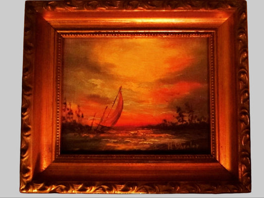 Sunset At The Sea Signed H Wheeler Oil On Canvas Board Coastal Painting
